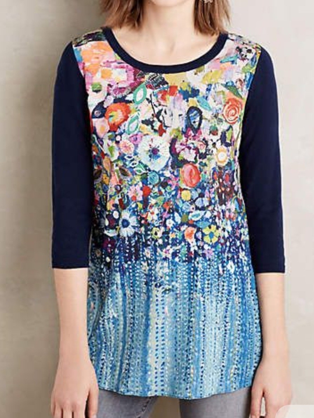 Anthropologie Starla M Halfmann  Floral Navy-Sleeve Tunic